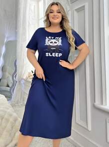 Damen Große Größen Cartoon Panda bedrucktes Nachthemd, Langes Kleid, Moo Moo Nachthemd - Blau - Übersicht 3