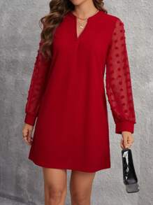SHEIN LUNE Notched Neck Floral Jacquard Long Sleeve Dress - Red - View 3