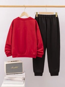 Boys' Loose Casual Round Neck Patterned Sweatshirt And Sweatpants Two-Piece Set - Red - View 2