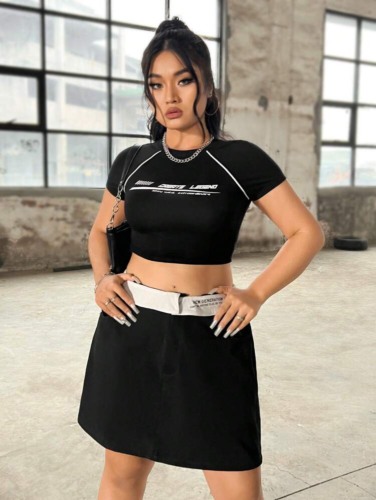 Twill Letter Contrast Overalls Skirt - Black