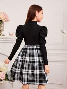 SHEIN Tween Girls' Knit Solid Color High Neck Leg-Of-Mutton Sleeve Sweater With Plaid 2 In 1 Dress - Black and White - View 2