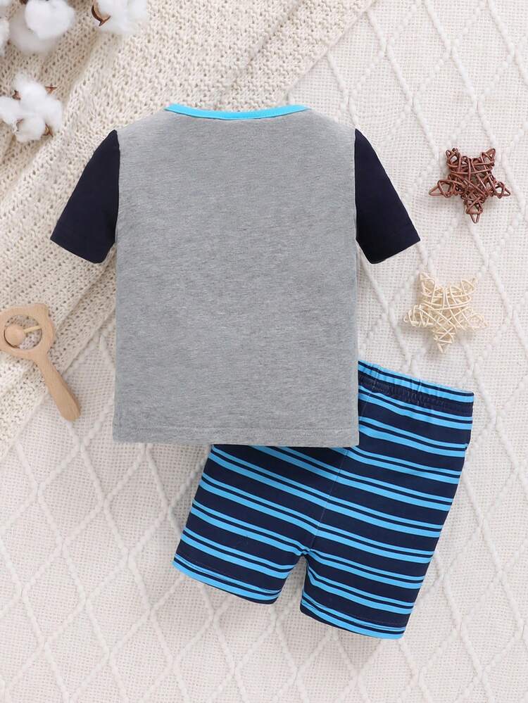 Baby Boys' Fun Animal Sketch Pattern Color Block Raglan Sleeve Top And Stripe Shorts Set