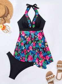 Swim Lushoire Tropical Print Halter Top And Triangle Bottom Swim Dress Set Carnival Summer - Multicolor - View 4
