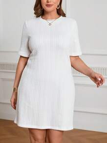 SHEIN Frenchy Kích thước lớn Trắng NỮ , Mùa hè Đan Kết cấu Ngắn tay Màu thuần Đầm - trắng - Xem 1