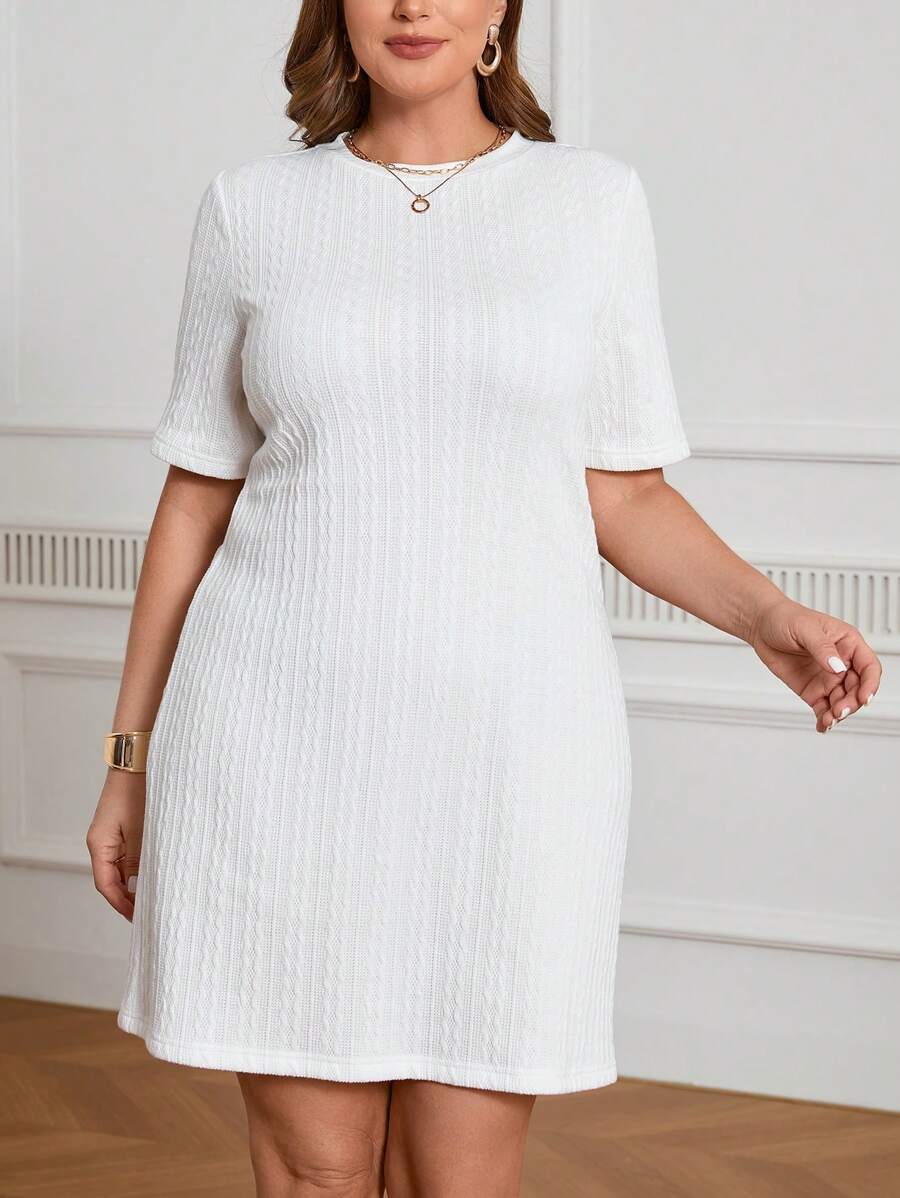 SHEIN Frenchy Kích thước lớn Trắng NỮ , Mùa hè Đan Kết cấu Ngắn tay Màu thuần Đầm - trắng - Xem 1