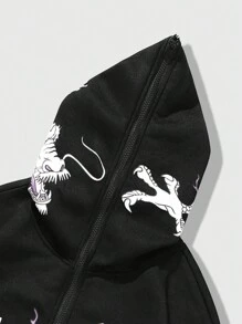 ROMWE MEN Street Life Men's Dragon Pattern Letter Print Zippered Hoodie - Black - View 3