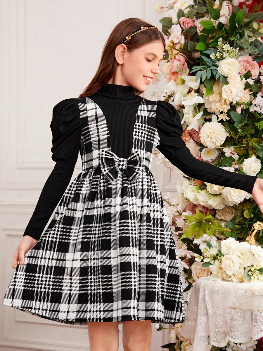SHEIN Tween Girls' Knit Solid Color High Neck Leg-Of-Mutton Sleeve Sweater With Plaid 2 In 1 Dress - Black and White - View 1
