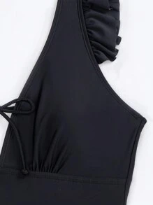 SHEIN Swim Quý cô Áo tắm một mảnh Với Viền Ruffle Và Cổ chữ V sâu Liên hoan âm nhạc - màu đen - Xem 4