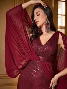 Women's Sequin Patchwork High Slit Evening Dress - Red - View 5