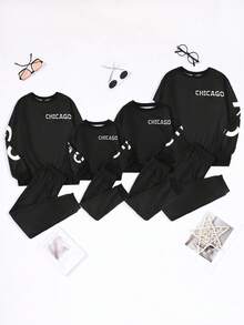 SHEIN Girls Autumn And Winter Letter Pattern Sweatshirt And Sweatpants Two-Piece Set - Black - View 3