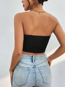 SHEIN PETITE Textured Áo không dây - màu đen - Xem 2