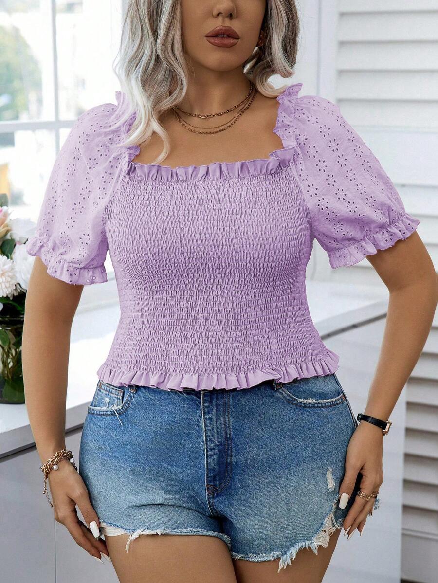 Celure 大尺碼女露肩泡泡袖襯衫 - 白色 - 查看 1