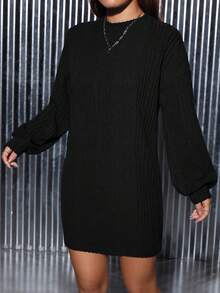 SHEIN PETITE 女式落肩長袖肋紋修身連衣裙 - 黑色 - 查看 3