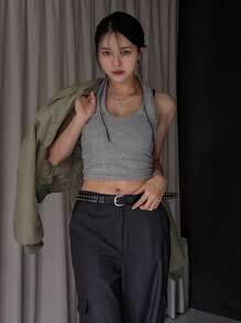 DAZY 女士肋紋針織綁頸上衣 - 灰色 - 查看 7