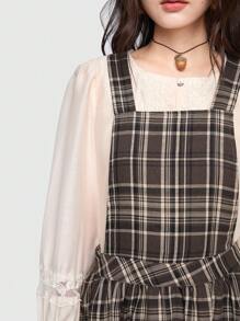 ROMWE Plaid Pinafore Dress With Double Pockets - Brown - View 2