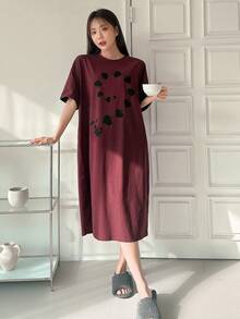 DAZY Của phụ nữ Mẫu thỏ Ngắn tay Vòng cổ Trang phục mặc nhà Đầm - Màu Đỏ Sâu - Xem 5