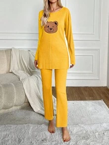 RueChic Women's Bear Printed Homewear Pajama Set - Yellow - View 3