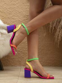 Spring/Summer Women's New Arrival Color Block Buckle Strap Fashionable Elegant Chunky Heel Square Toe Sandals, Suitable For Commute, Party, Formal Dress - Multicolor - View 4