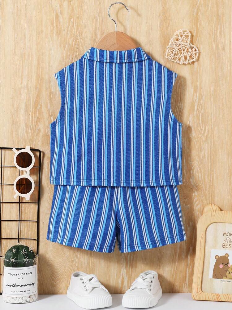 Baby Boys' Vest Style Denim Striped Jacket With Elastic Waist Shorts Set