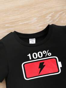 SHEIN Unisex Baby Fun Battery Pattern T-Shirt Top And Plaid Shorts Pajama Set, 2pcs - Burgundy - View 5