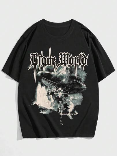 Grunge Punk Camiseta con gráfico de letras para hombre, estilo escolar, años 2000