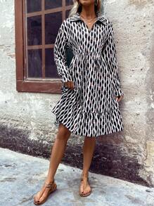 SHEIN LUNE Full Printed Long Sleeve Casual Dress - Black - View 6