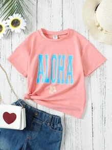 SHEIN 幼童女生字母印花短袖t恤 - 橘色 - 查看 1