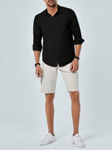 RueChic Men Solid Button Up Pocket Patched Shirt - Black - View 5