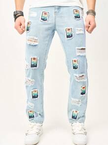 Manfinity Homme Gedruckte Männer Zerrissene Straight Leg Jeans - Blau - Übersicht 5