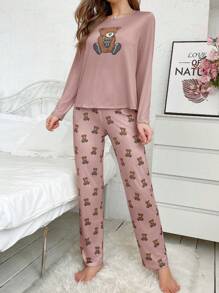 Cartoon Bear Printed Long Sleeve & Pants Pajama Set - Dusty Pink - View 6