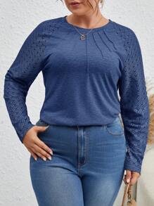 SHEIN Frenchy 大尺碼女士蕾絲拼接短袖圓領球衣 - 藍色 - 查看 4