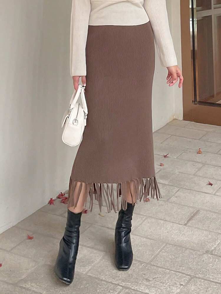 High Waist Fringe Hem Skirt Fall Skirts