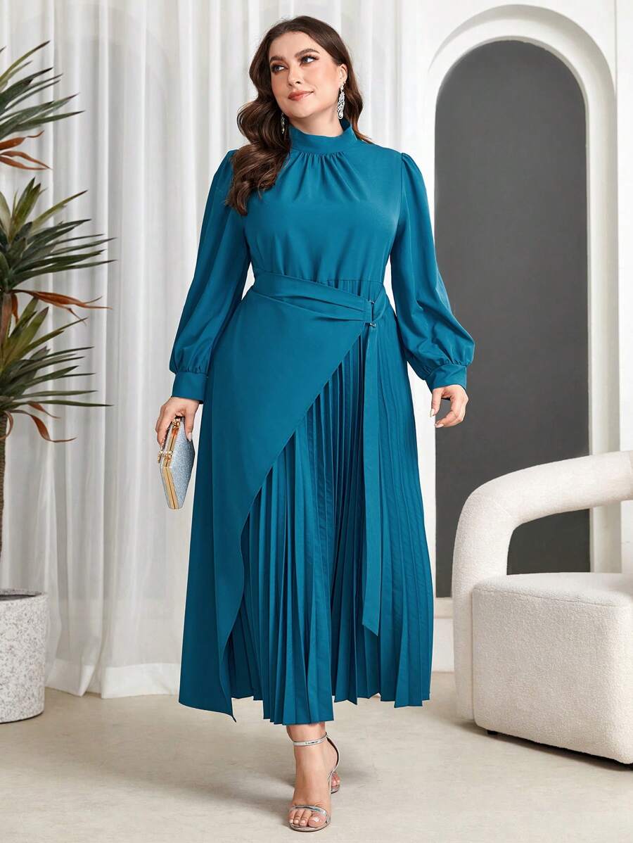 Modelyn Plus Size Plain Stand Collar Wrap Dress With Pleated Hem - Teal Blue - View 1