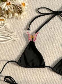 Swim SXY 女士 2 件套蝴蝶装饰性感沙滩泳衣夏季 - 黑色 - 查看 7