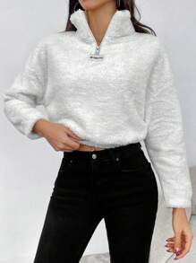EURMUSE Letter Embroidery Half Zip Drop Shoulder Teddy Sweatshirt - White - View 1