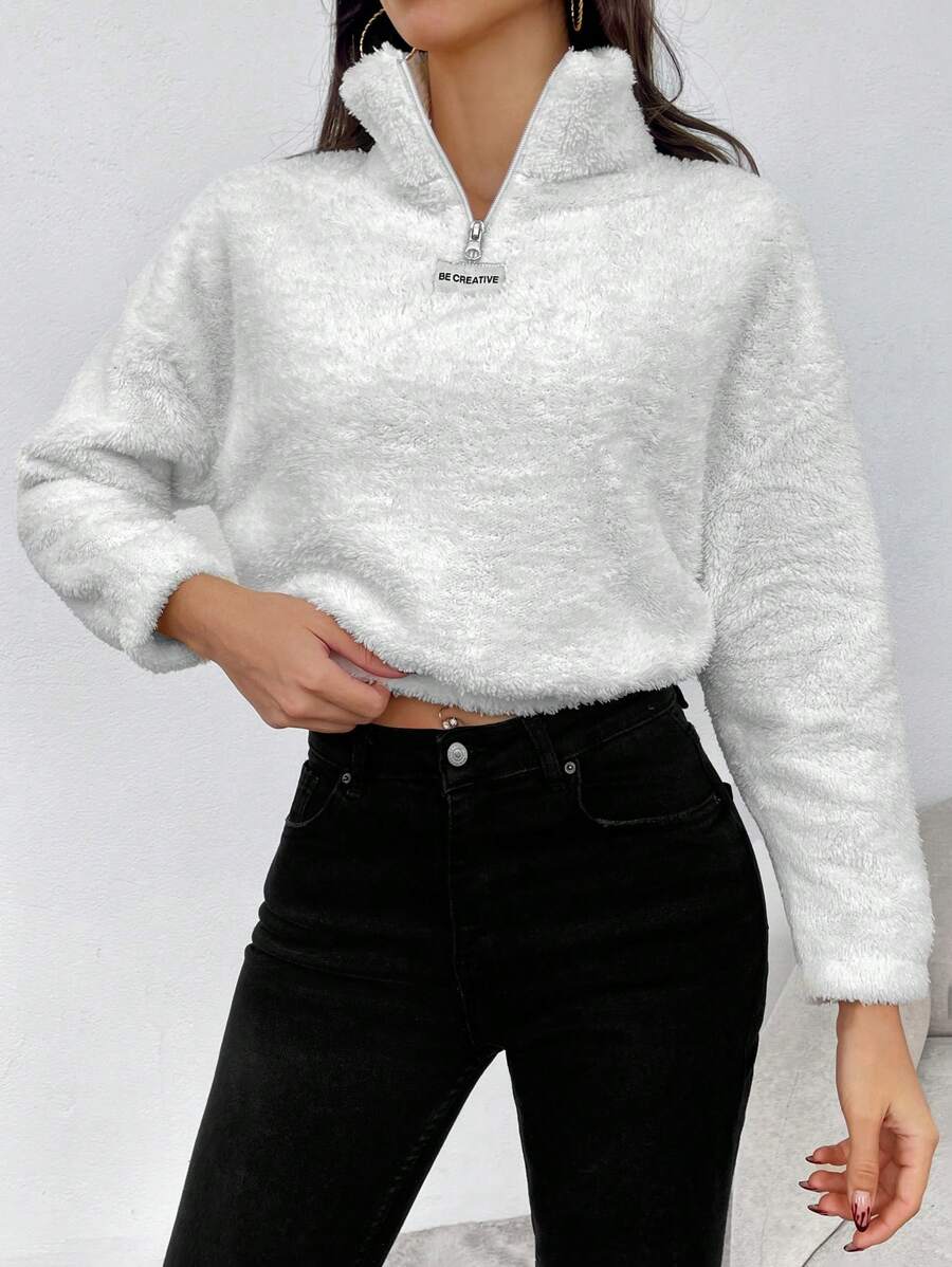 EURMUSE Letter Embroidery Half Zip Drop Shoulder Teddy Sweatshirt - White - View 1