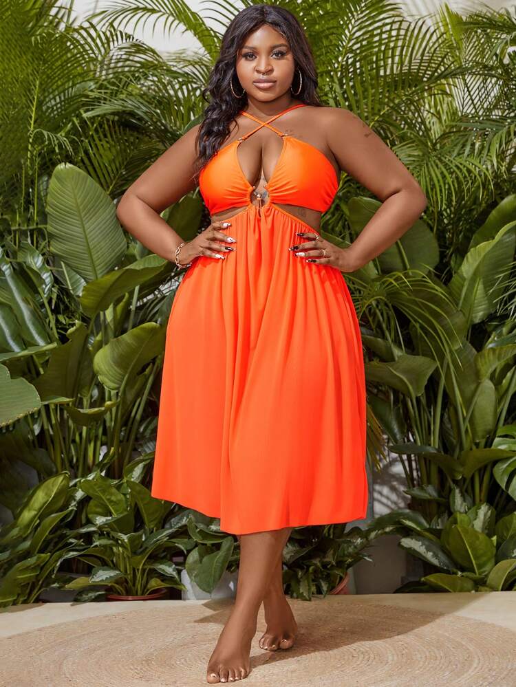 Plus Size Solid Color Swimwear Set Carnival Summer Beach