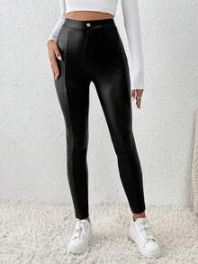 SHEIN Frenchy Button Decoration Pu Leather Leggings - Black - View 6