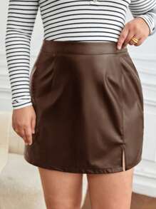 SHEIN Frenchy Plus Size Women's Straight Skirt With Slit Hem - Khaki - View 4
