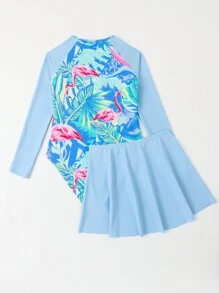 Tween Girls' One Piece Swimsuit With Tropical Plant Print - Multicolor - View 2