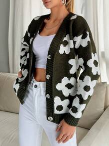 EURMUSE Floral Pattern Button Up Cardigan - Army Green - View 3