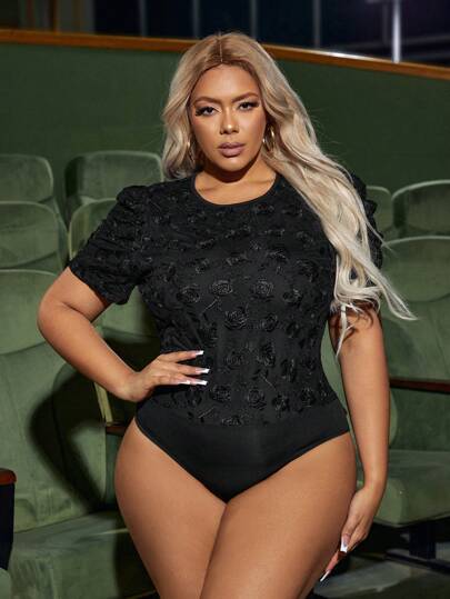 SHEIN SXY Plus Floral Jacquard Puff Sleeve Bodysuit