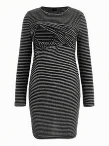SHEIN Vestido A Rayas Para Lactancia De Manga Larga Para Maternidad - Blanco y Negro - Ver 9
