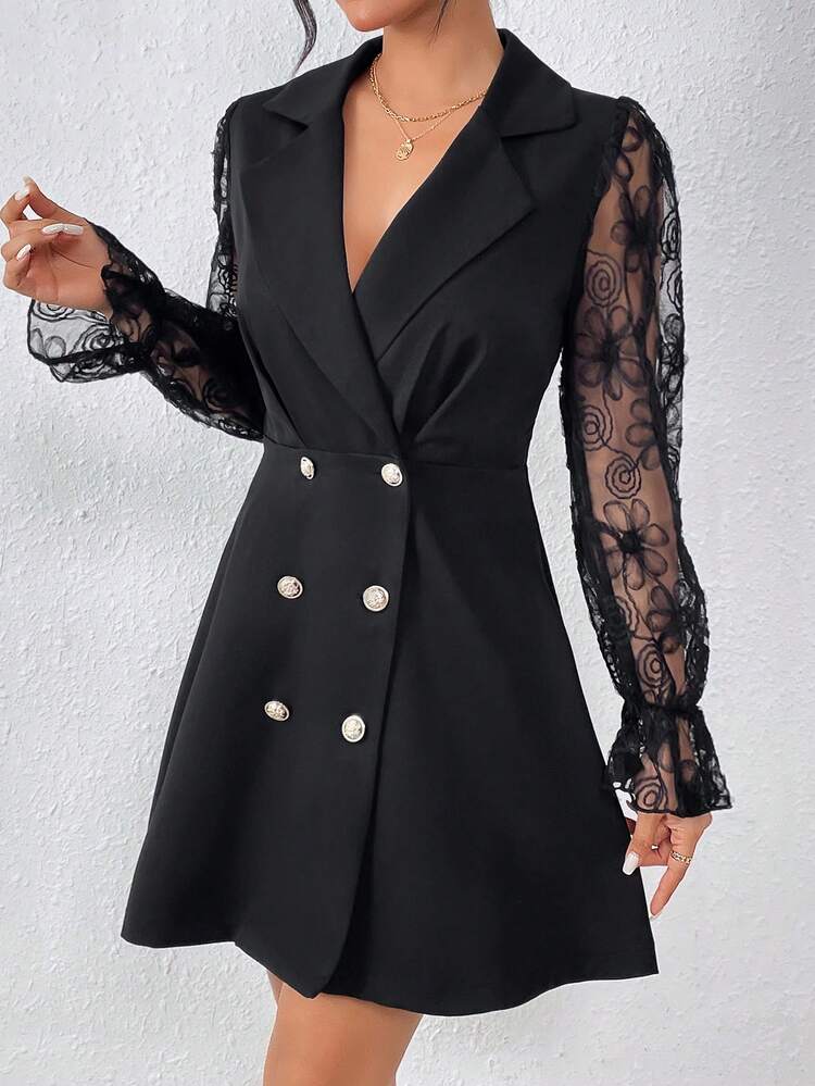 Blumen Mesh Trompeten Ärmel Doppelreihiger Anzug-kleid