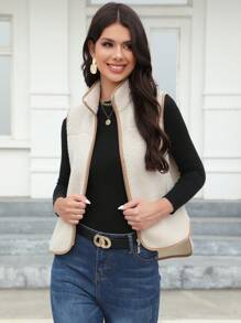 RELISH NOLESS Women's Color-Block Contrast Trim Zipper Front Vest Jacket - Beige - View 1