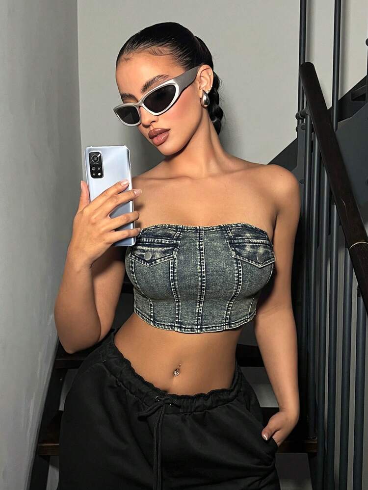 Women'S Denim Strapless Top With Back Zipper