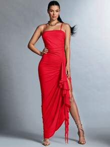 SHEIN BAE Ruffle Detail Spaghetti Strap Dress - Red - View 6