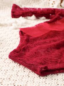 Newborn Baby Girls' Lace Romper With Headband Photography Set - Red - View 5