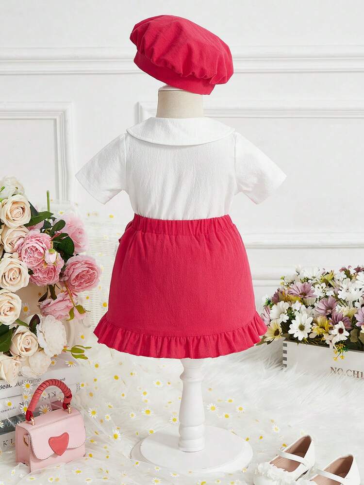 Baby Girls' Casual Vintage Elegant Peter Pan Collar Outfits With Hat, Suitable