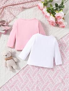 2pcs/Set Baby Girl Cartoon Letter Print Top With 3d Hat - Multicolor - View 2